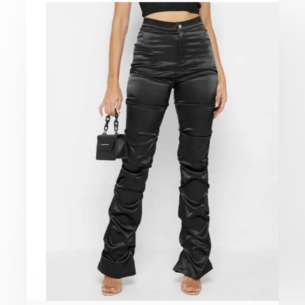 Y2K Maniere de voir Black Satin Stacked Pants 4 Grunge Flare Ruched Clubwear
